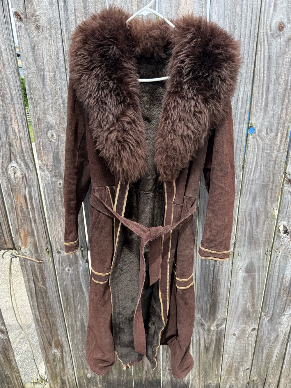 Vintage PENNY LANE Suede Coat S/M Brown Faux Shearling Tie Waist with HugeCollar